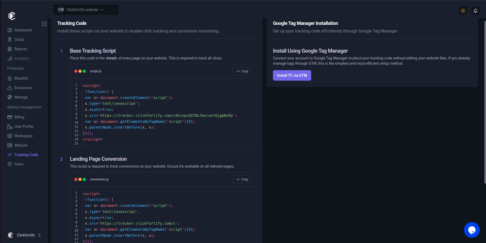 ClickFortify tracking code installation